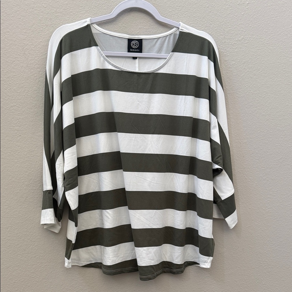 Bobeau Olive and White Striped Blouse